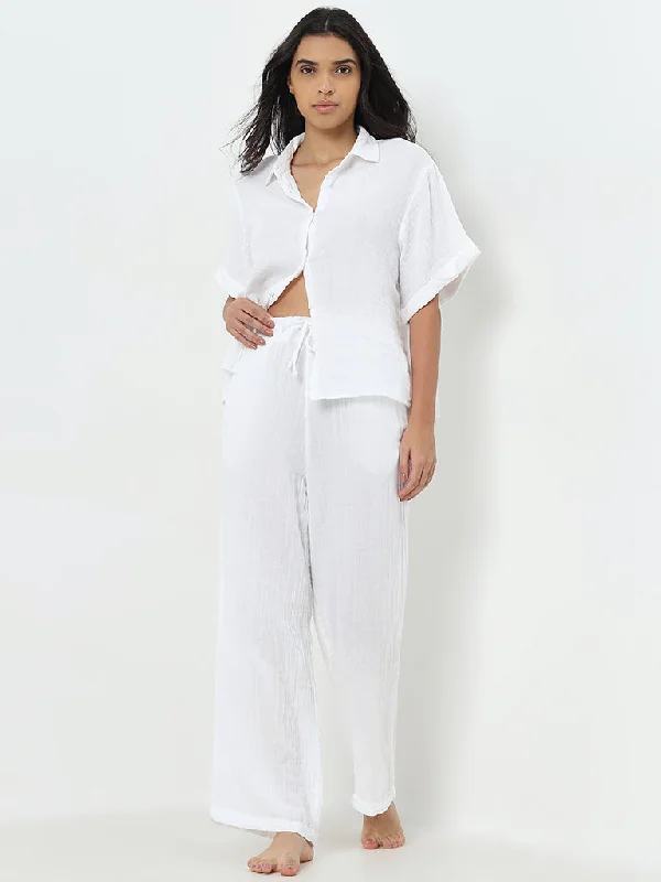 Wunderlove White Crinkled High-Rise Cotton Beach Pants Cozy Fitted Pants