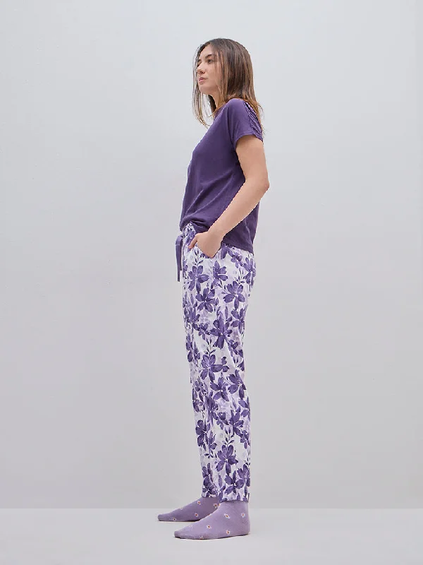 Wunderlove Purple Printed High-Rise Cotton Lounge Pants Chic Faux Leather Pants