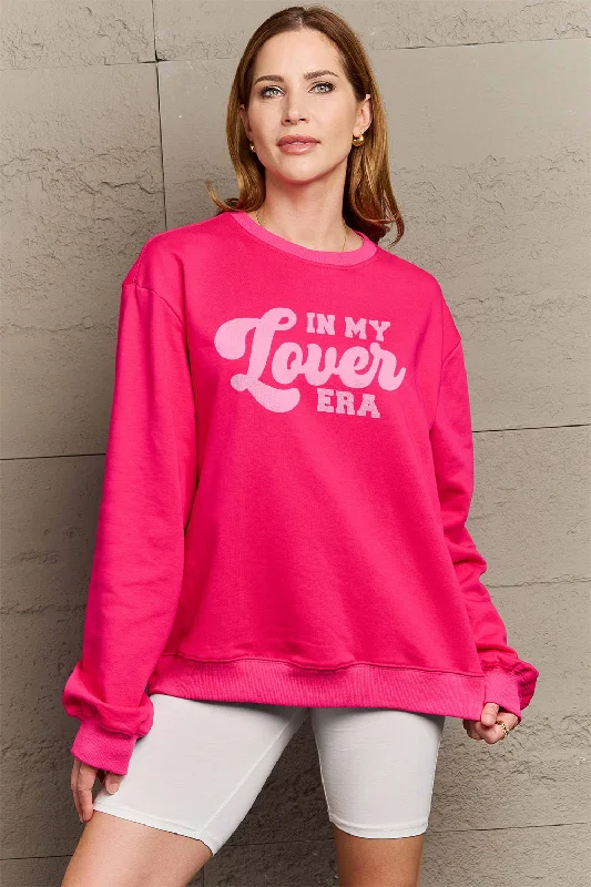 Simply Love Full Size IN MY LOVER ERA Round Neck Sweatshirt Hoodie with Metallic Shiny Futuristic