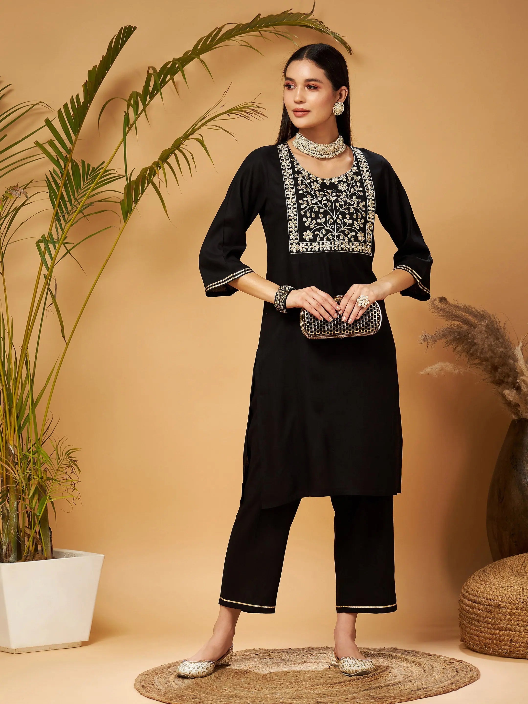 Women Black Gota Embroidered Kurta With Pants Slim Fit Casual Pants