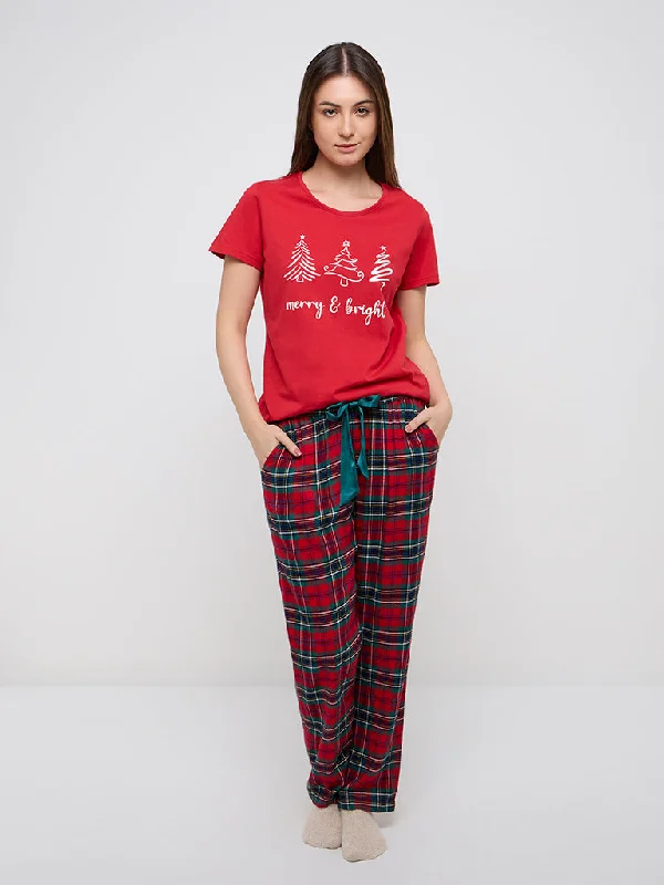 Wunderlove Red Checkered High-Rise Lounge Pants Classic Pleated Pants