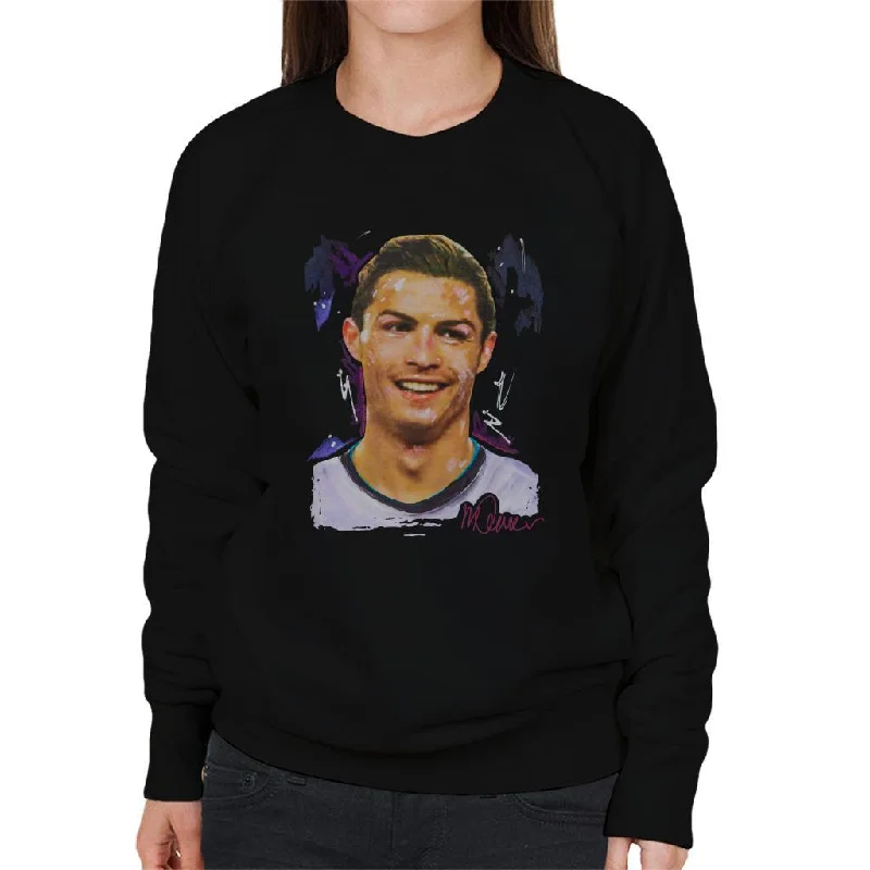 Sidney Maurer Original Portrait Of Cristiano Ronaldo Closeup Women's Sweatshirt Hoodie with Rolled Sleeves Casual Relaxed