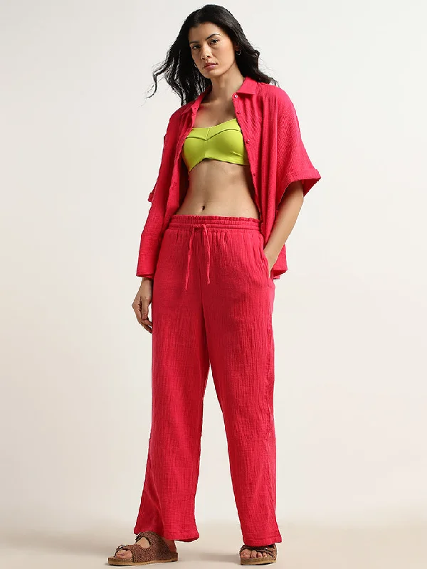 Wunderlove Magenta Textured Mid-Rise Cotton Beach Pants Cozy Knit Pants