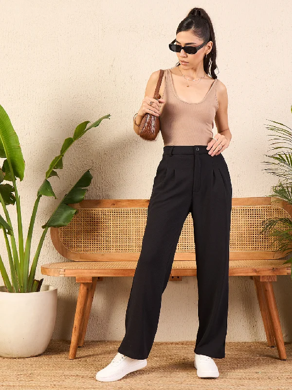 Relaxed Korean Front Pleated Pants Chic Black Leggings