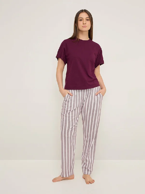 Wunderlove Dark Purple Stripe High-Rise Cotton Lounge Pants Casual Yoga Pants