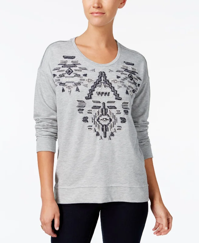 Style & Co Petite Embellished Embroidered Sweatshirt Hoodie with Earth Tones Natural Calm