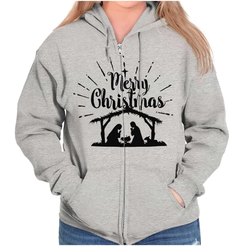 Nativity Scene Merry Christmas Zip Hoodie Hoodie with Toggle Buttons Decorative Unique