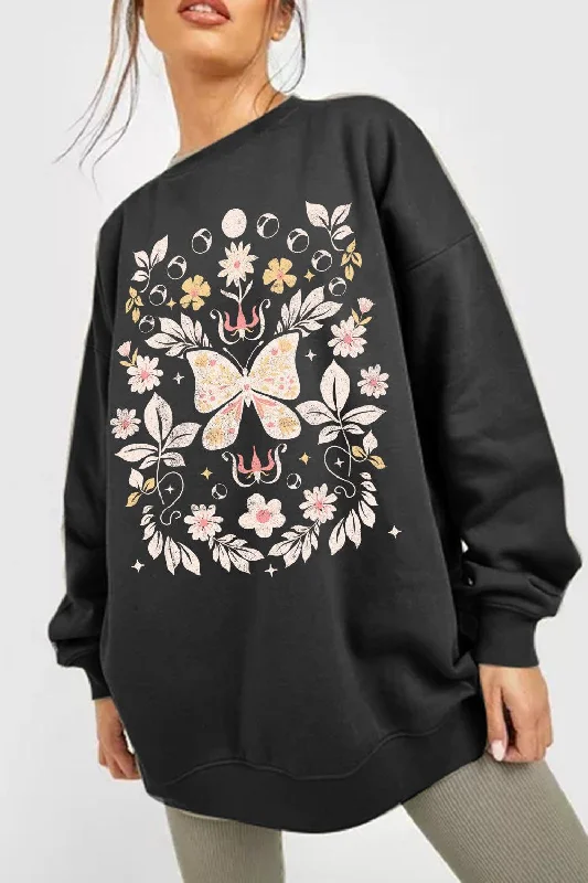 Full Size Flower and Butterfly Graphic Sweatshirt Hoodie with Batwing Sleeves Loose Dramatic