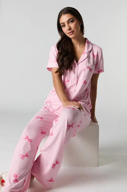 Collared Button-Up Top & Pant 2 Piece Pajama Set Comfortable Denim Leggings