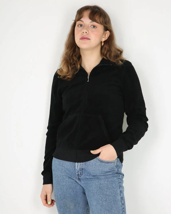 Juicy couture black backprint pink velour track sweatshirt - M Hoodie with Button Placket Classic Preppy