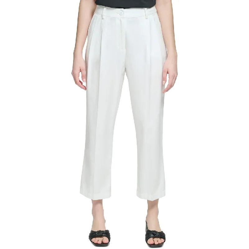 Womens High Rise Pleated Straight Leg Pants Stylish Elastic Waist Pants