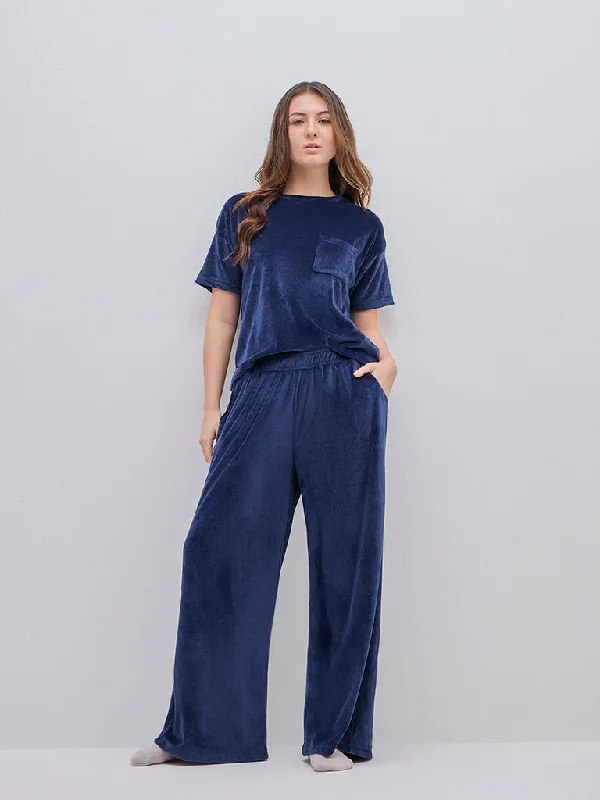 Wunderlove Navy Corduroy High-Rise Lounge Pants Relaxed High-Waist Trousers