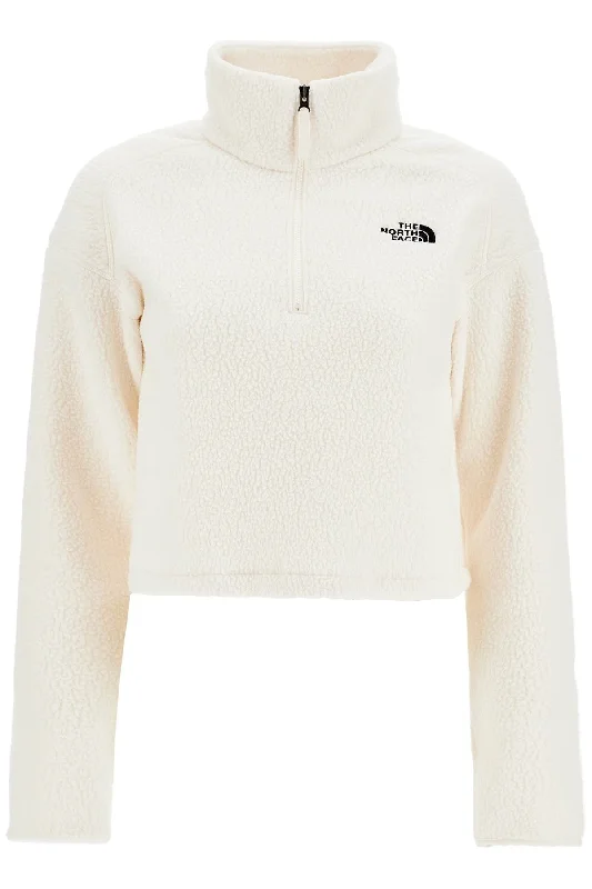 Sherpa Fleece Cropped Sweatshirt In  - White Hoodie with Hem Patch Decorative Personalized