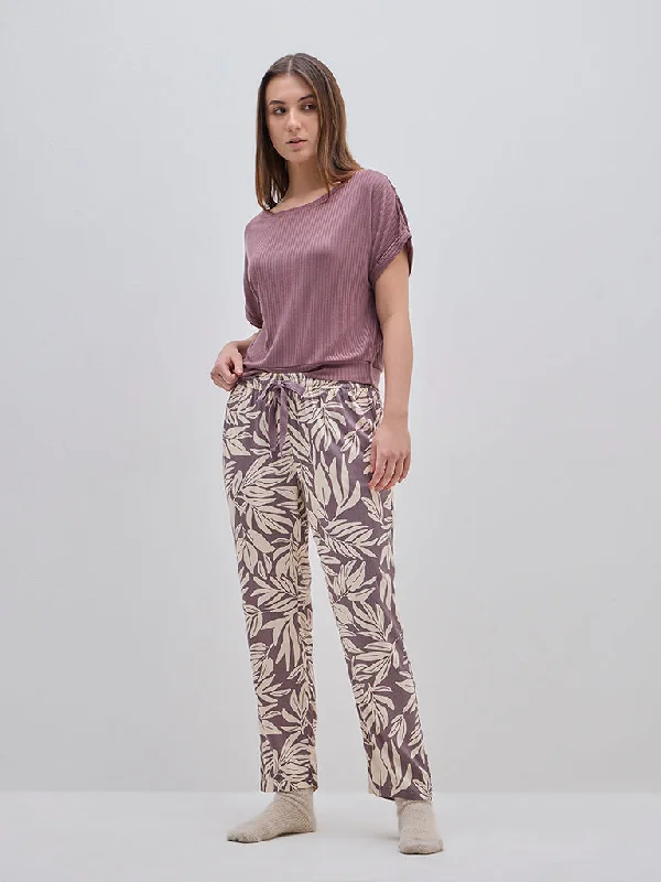 Wunderlove Purple Leaf Printed High-Rise Lounge Pants Trendy High-Waist Trousers