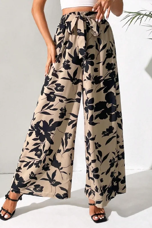 Printed Tied Wide Leg Pants Warm Wool Trousers