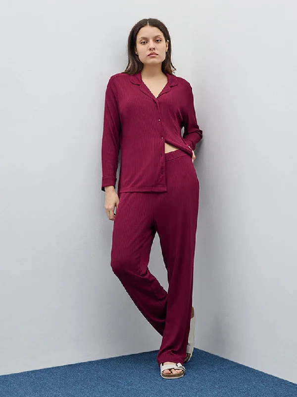 Wunderlove Maroon Supersoft Ribbed High-Rise Lounge Pants Chic Checkered Pants