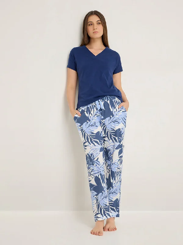 Wunderlove White Botanical Printed High-Rise Lounge Pants Stylish Paperbag Waist Pants