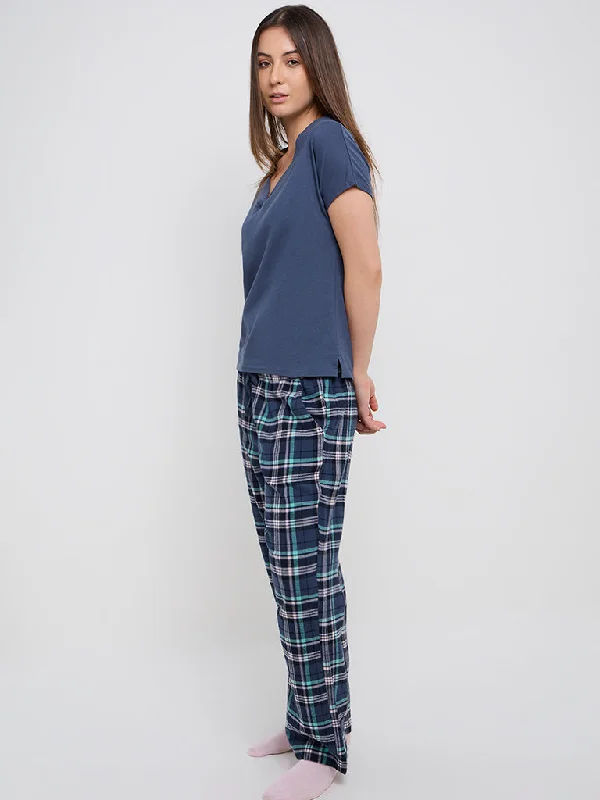 Wunderlove Navy Checkered High-Rise Cotton Lounge Pants Classic Bootcut Trousers