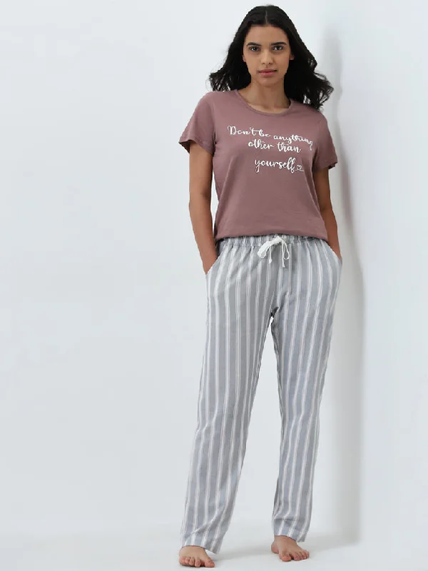 Wunderlove Grey Striped High-Rise Cotton Lounge Pants Cozy Full-Length Pants