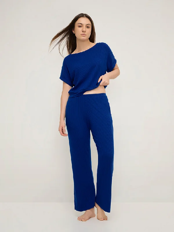 Wunderlove Blue Ribbed High-Rise Lounge Pants Lightweight Linen Pants