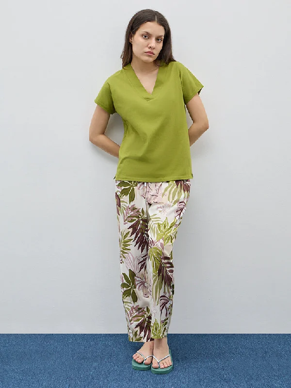 Wunderlove Green Leaf-Printed High-Rise Lounge Pants Classic Stretch Pants