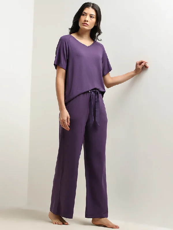 Wunderlove Violet Solid High-Rise Pants Trendy High-Waist Trousers