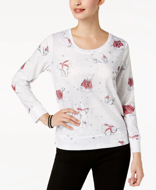 Style & Co Petite Embellished Polar Bear Print Sweatshirt Hoodie with Puffed Sleeves Voluminous Trendy