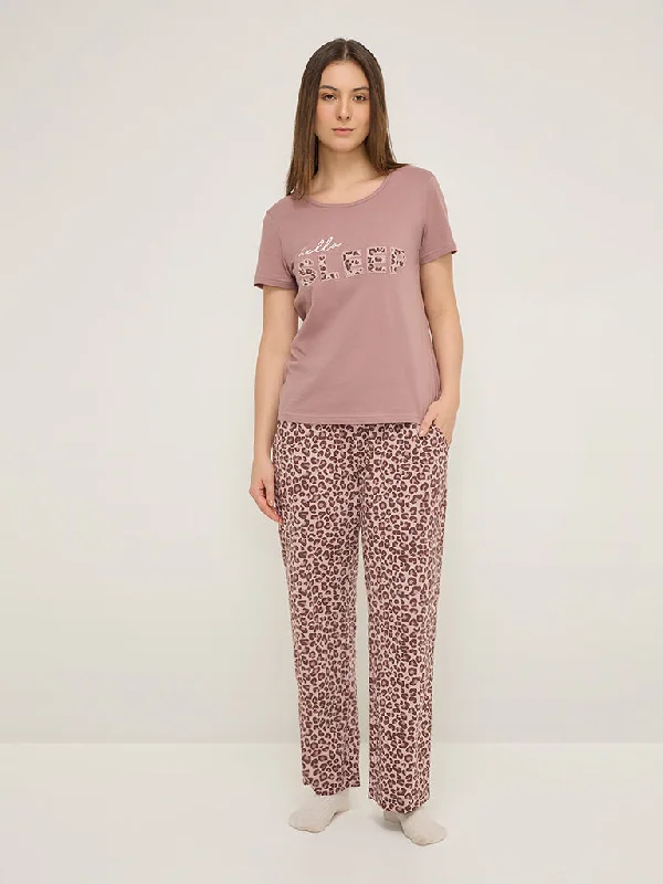 Wunderlove Brown Animal Print High-Rise Cotton Lounge Pants High-Waist Jeans