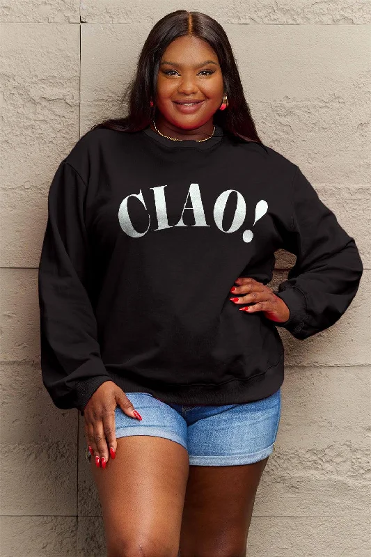 Simply Love Full Size CIAO！Round Neck Sweatshirt Hoodie with Exposed Zipper Edgy Industrial