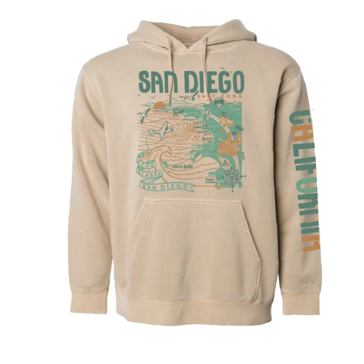 SunDiego Map Hoodie - Pigment Sandstone/Dark Teal/Turquoise/Rust Hoodie with Raw Hem Edgy Unfinished