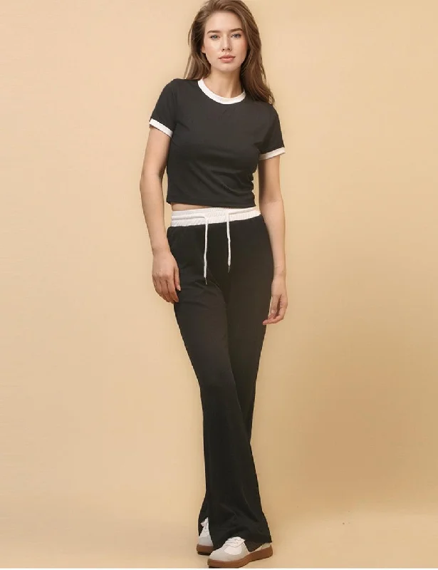 Ladies Rib Short Sleeves Stright Leg Pants 2PCS Set SKST4668 Trendy Tapered Pants