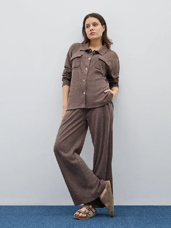 Wunderlove Dark Brown Ribbed High-Rise Lounge Pants High-Waist Jogger Pants