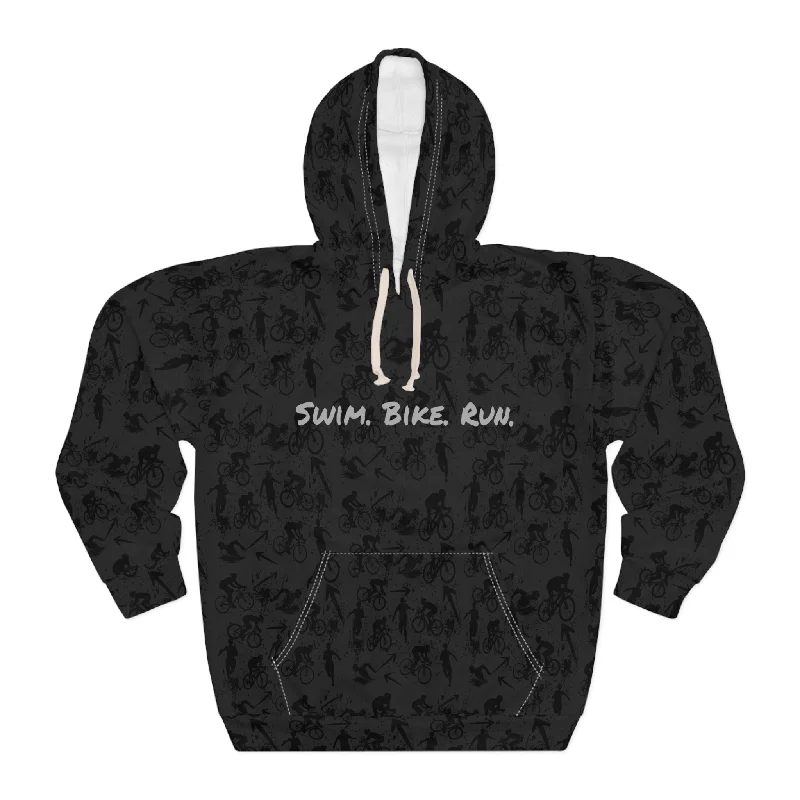 Swim Bike Run on Custom Triathlon Grudge Shadow Pattern Hoodie - Unisex Hoodie with Hem Detail Decorative Unique