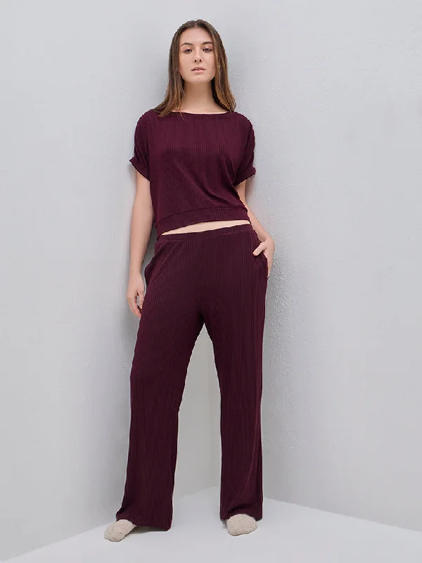 Wunderlove Purple Ribbed Cotton Blend Lounge Pants Comfortable Denim Leggings