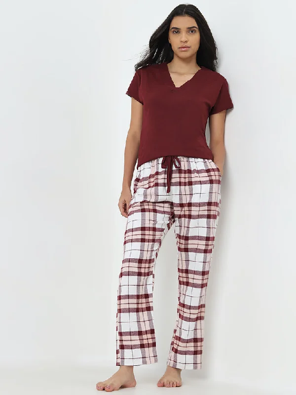 Wunderlove Burgundy Checkered Mid-Rise Cotton Lounge Pants Stylish Elastic Waist Pants