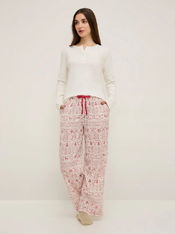 Wunderlove Off-White Waffle-Textured High-Rise Lounge Pants Comfy Cargo Trousers