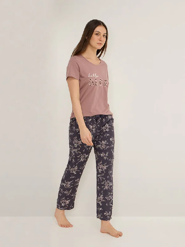 Wunderlove Dark Blue Botanical Print High-Rise Lounge Pants Trendy Wide-Leg Pants