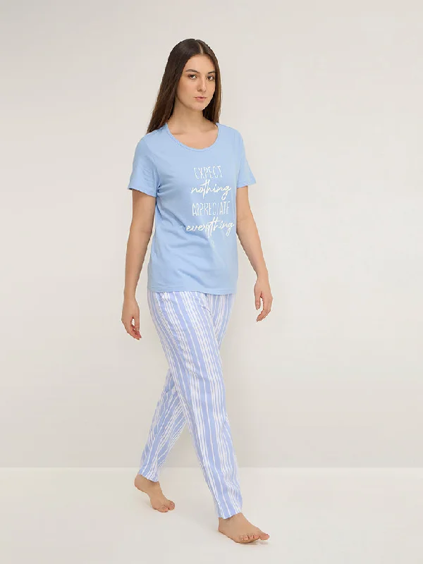 Wunderlove Light Blue Striped High-Rise Lounge Pants Comfortable Denim Pants