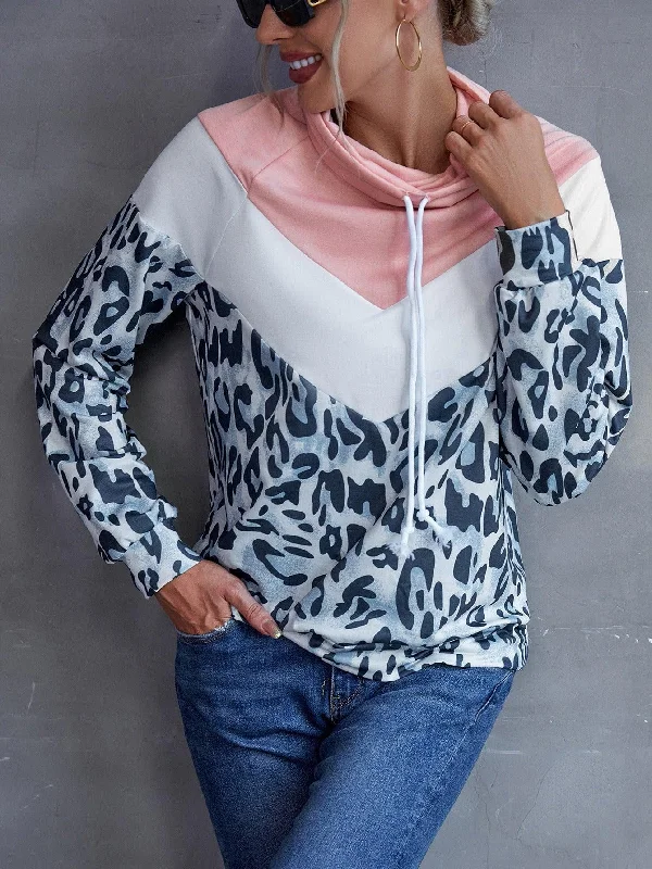 Leopard Color Block Sweatshirt Hoodie with Hem Contrast Bold Stylish