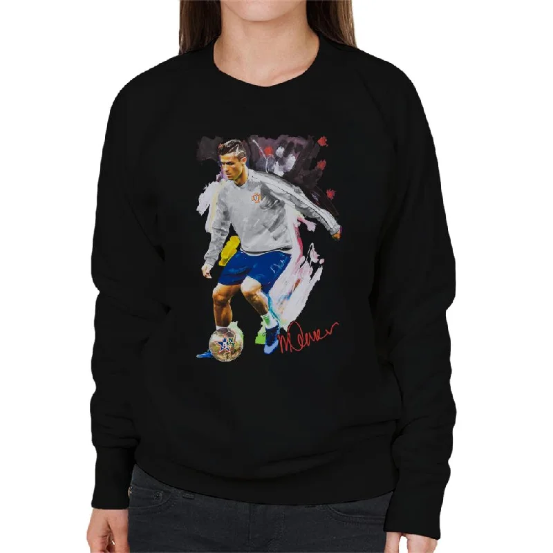 Sidney Maurer Original Portrait Of Cristiano Ronaldo Dribbling A Football Women's Sweatshirt Hoodie with Tied Waist Feminine Flattering