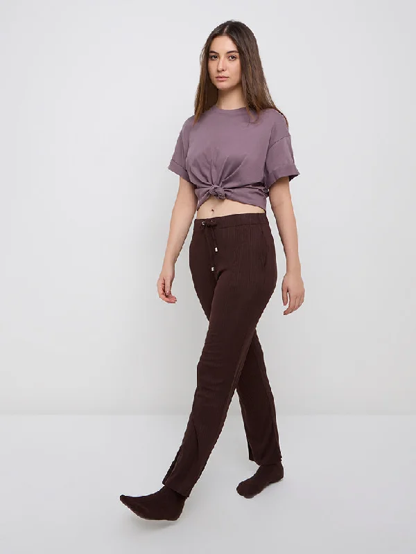 Wunderlove Brown Ribbed High-Rise Lounge Pants Wide-Legged Palazzos