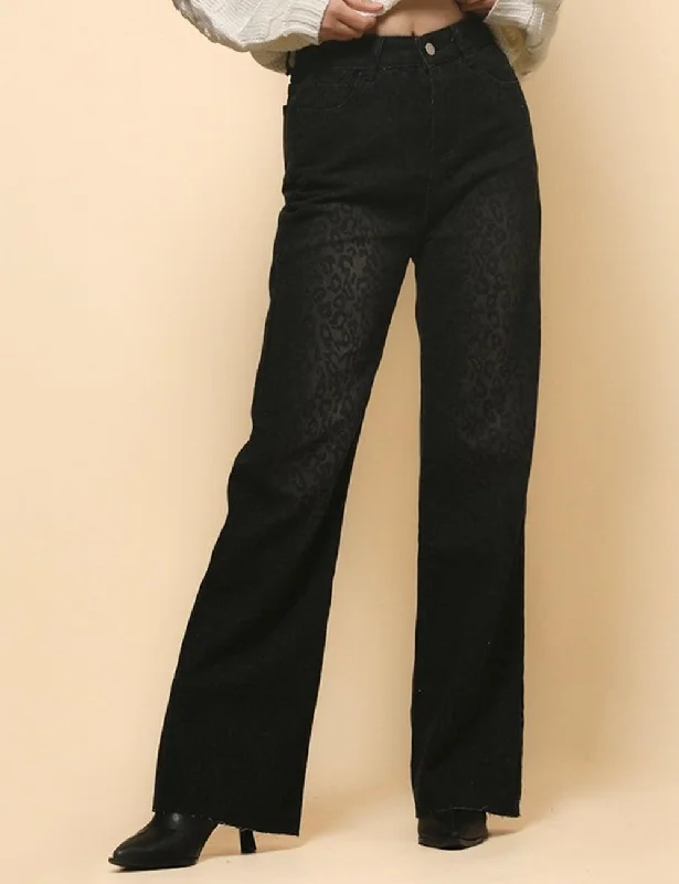 Women's High Waist Straight Narrow Denim Leopard Print Pants SKP4728 Soft Sweatpants Style