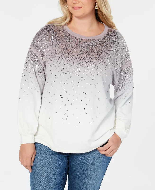 I.N.C. Plus Size Sequined Dip-Dye Sweatshirt Hoodie with Hem Applique Textured Unique