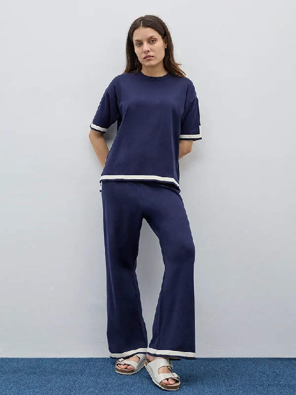 Wunderlove Navy Knitted High-Rise Lounge Pants Comfortable Denim Trousers