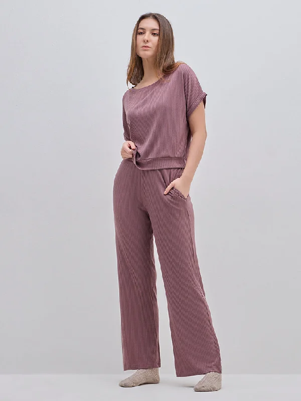 Wunderlove Mauve Ribbed High-Rise Cotton Blend Lounge Pants Cozy Knit Pants