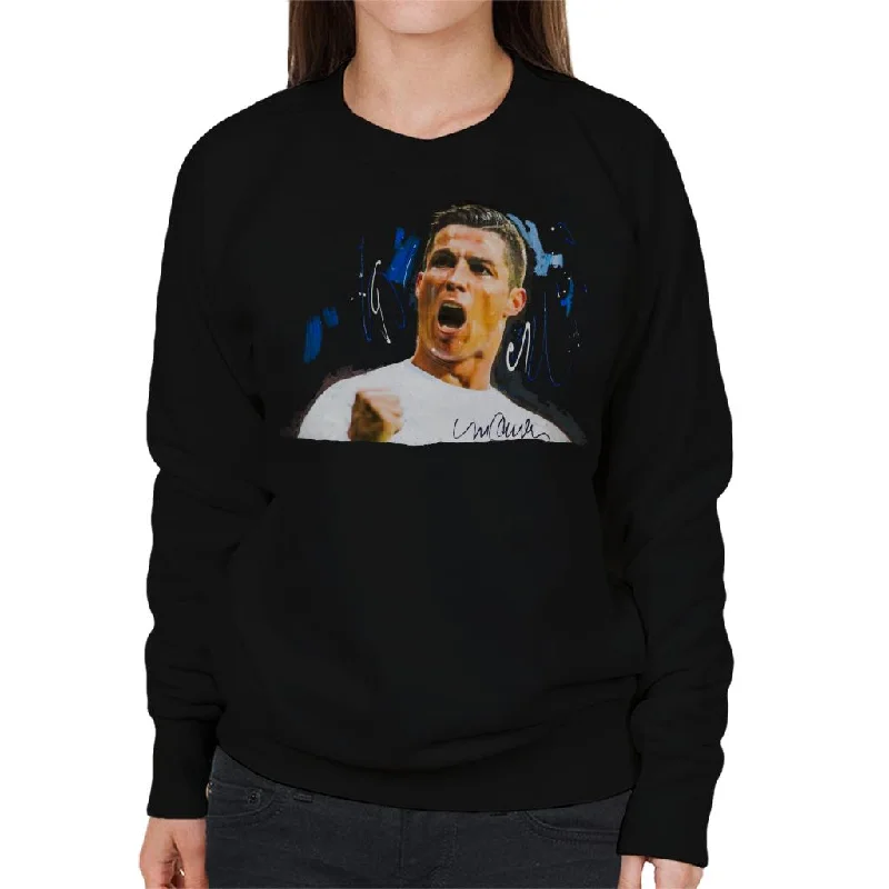 Sidney Maurer Original Portrait Of Cristiano Ronaldo Cheering Women's Sweatshirt Hoodie with Turtle Neck Cozy Winter