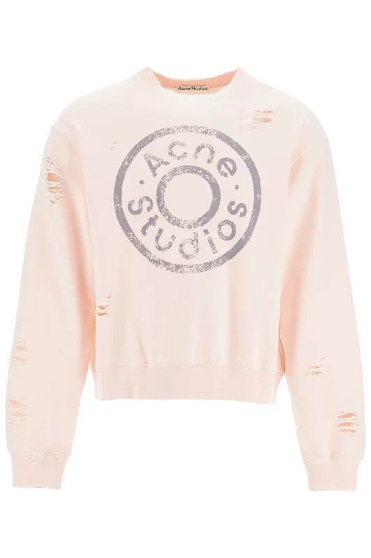 Distressed Sweatshirt With Logo Print  - Rosa Hoodie with Patch Decorative Personalized