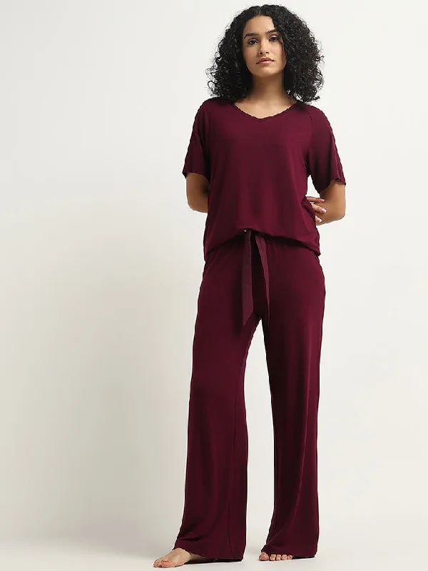 Wunderlove Burgundy Supersoft Solid High-Rise Pants Trendy Printed Pants