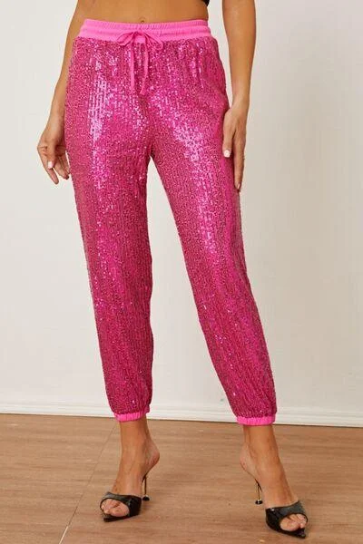 Sequin Drawstring Pants with Pockets Cozy Full-Length Pants