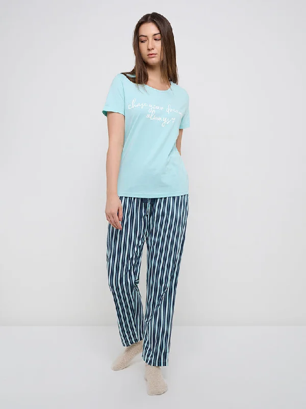 Wunderlove Blue Striped High-Rise Cotton Lounge Pants Casual Plaid Pants